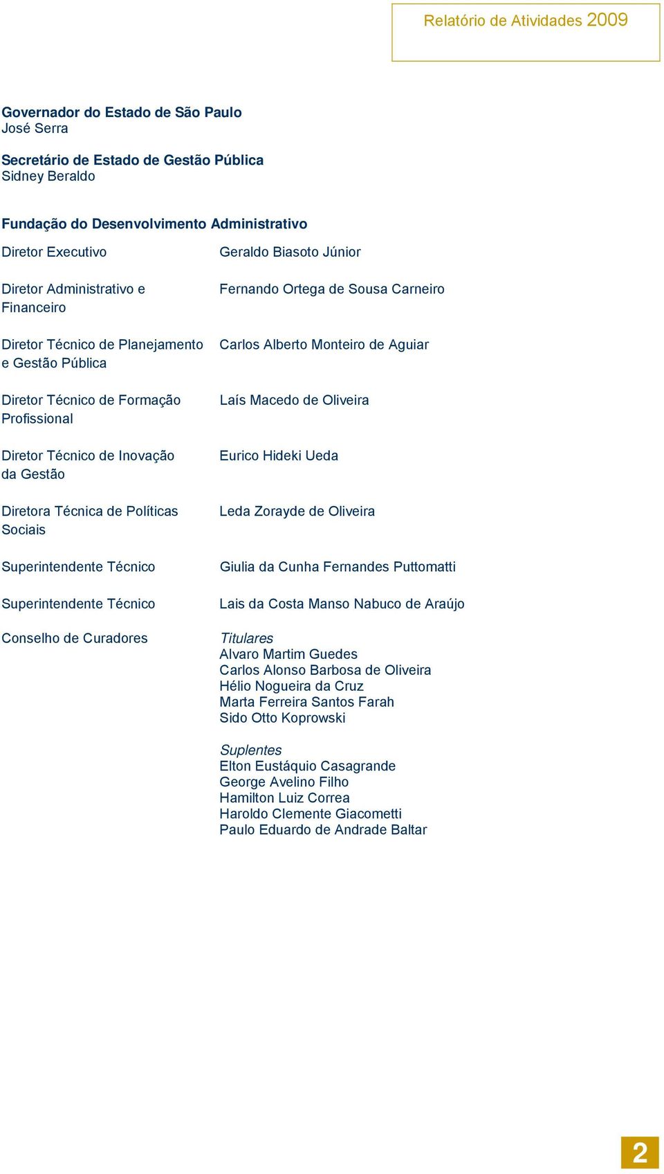 Superintendente Técnico Conselho de Curadores Geraldo Biasoto Júnior Fernando Ortega de Sousa Carneiro Carlos Alberto Monteiro de Aguiar Laís Macedo de Oliveira Eurico Hideki Ueda Leda Zorayde de