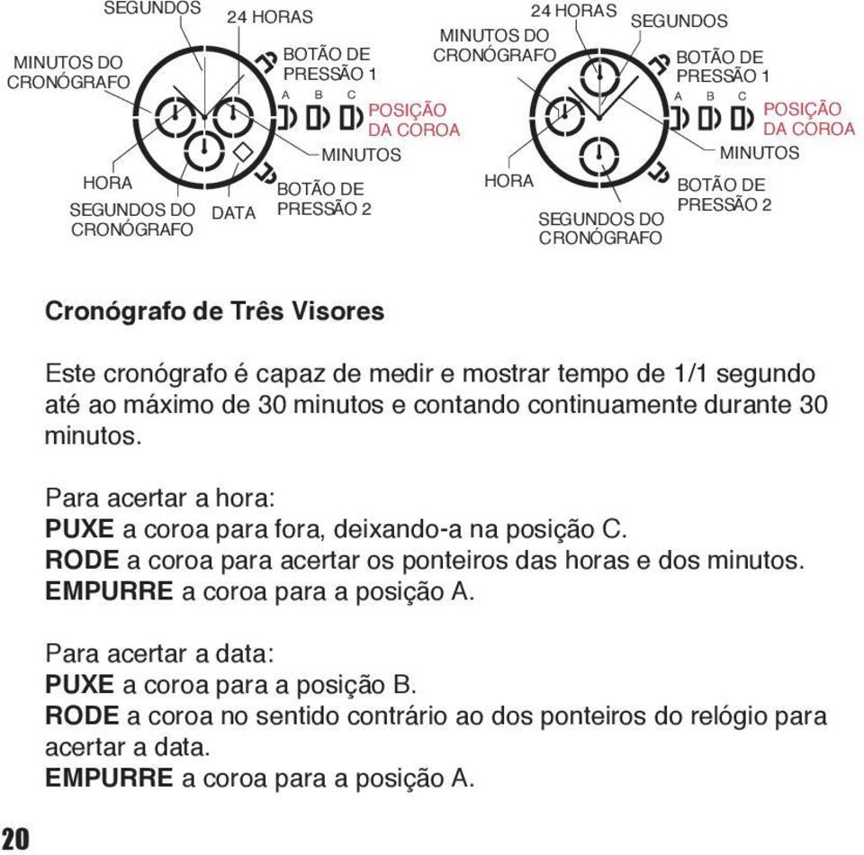 minutos e contando continuamente durante 30 minutos. Para acertar a hora: PUXE a coroa para fora, deixando-a na posição C. RODE a coroa para acertar os ponteiros das horas e dos minutos.