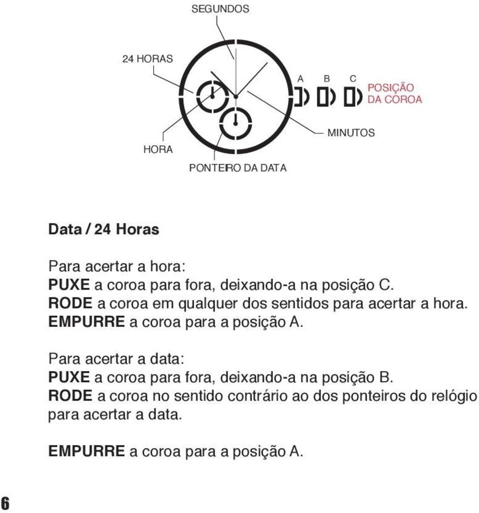 EMPURRE a coroa para a posição A. Para acertar a data: PUXE a coroa para fora, deixando-a na posição B.