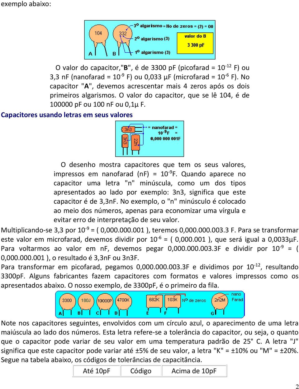 Capacitores usando letras em seus valores O desenho mostra capacitores que tem os seus valores, impressos em nanofarad (nf) = 10-9 F.