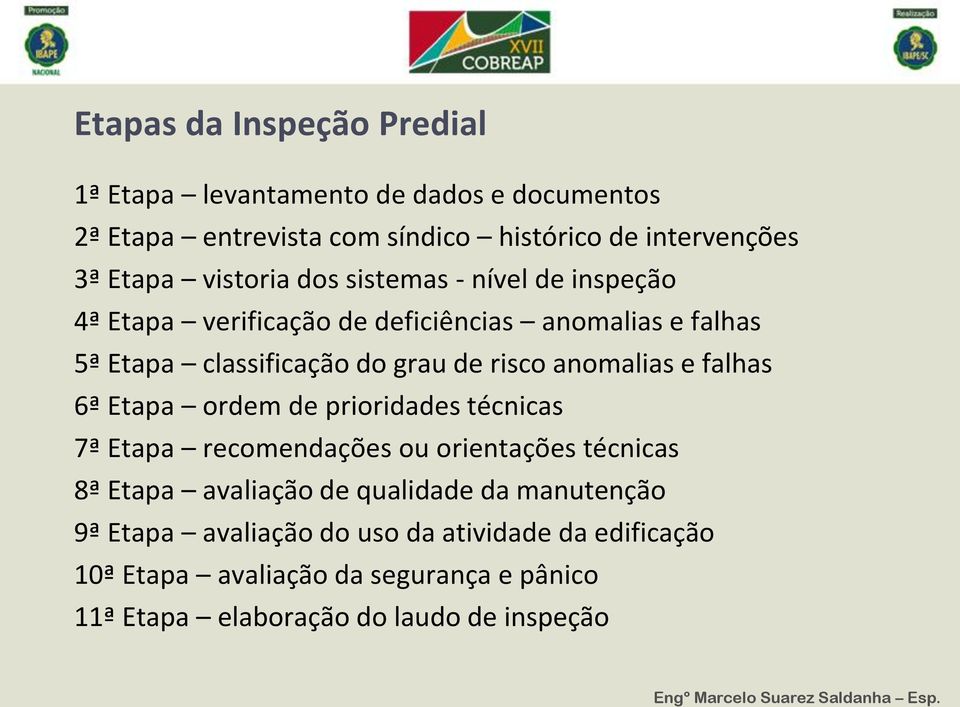 anomalias e falhas 6ª Etapa ordem de prioridades técnicas 7ª Etapa recomendações ou orientações técnicas 8ª Etapa avaliação de qualidade da