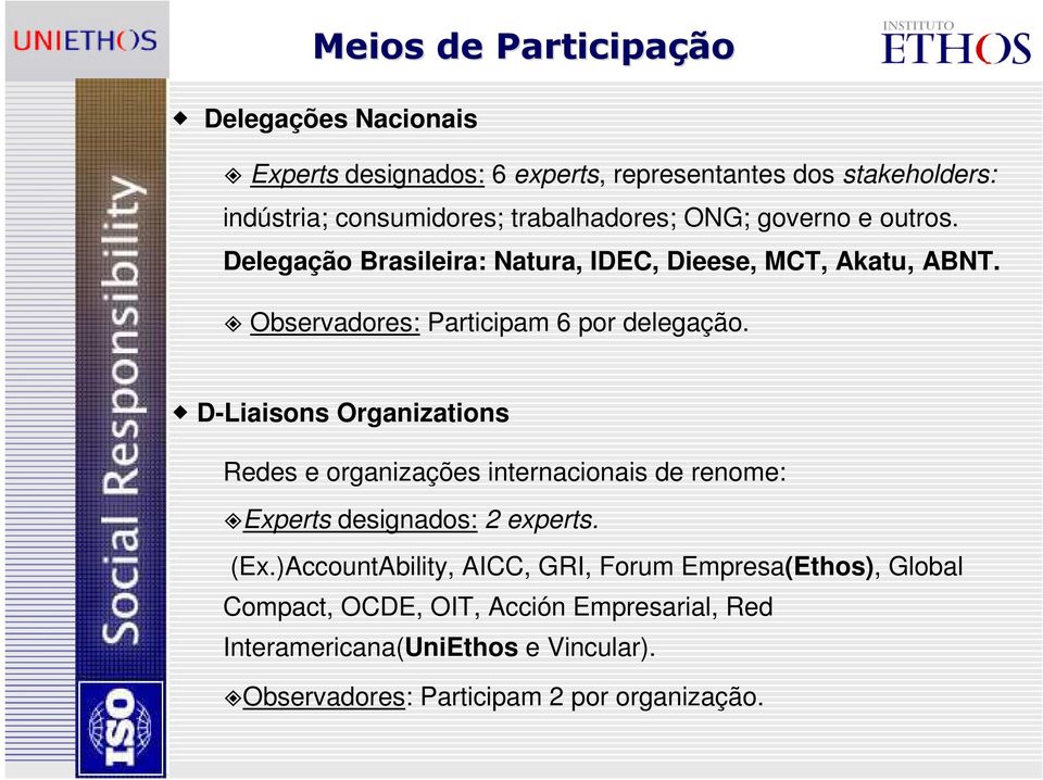 D-Liaisons Organizations Redes e organizações internacionais de renome: Experts designados: 2 experts. (Ex.