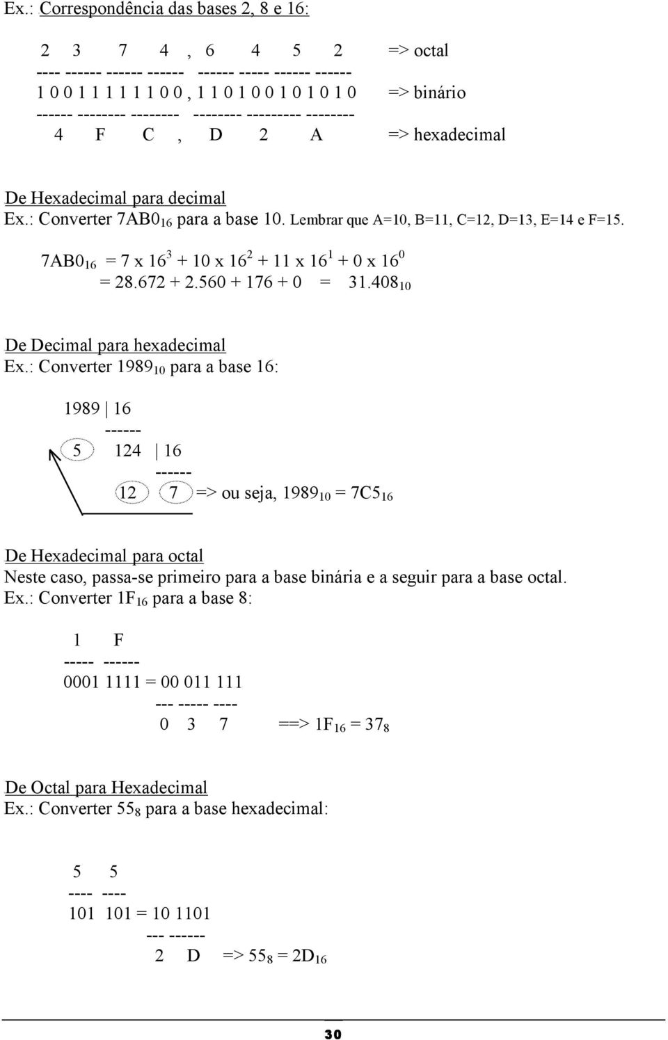 7AB0 16 = 7 x 16 3 + 10 x 16 2 + 11 x 16 1 + 0 x 16 0 = 28.672 + 2.560 + 176 + 0 = 31.408 10 UDe Decimal para hexadecimal Ex.
