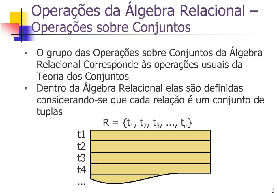 Conjuntos Dentro da Álgebra Relacional elas são definidas considerando-se
