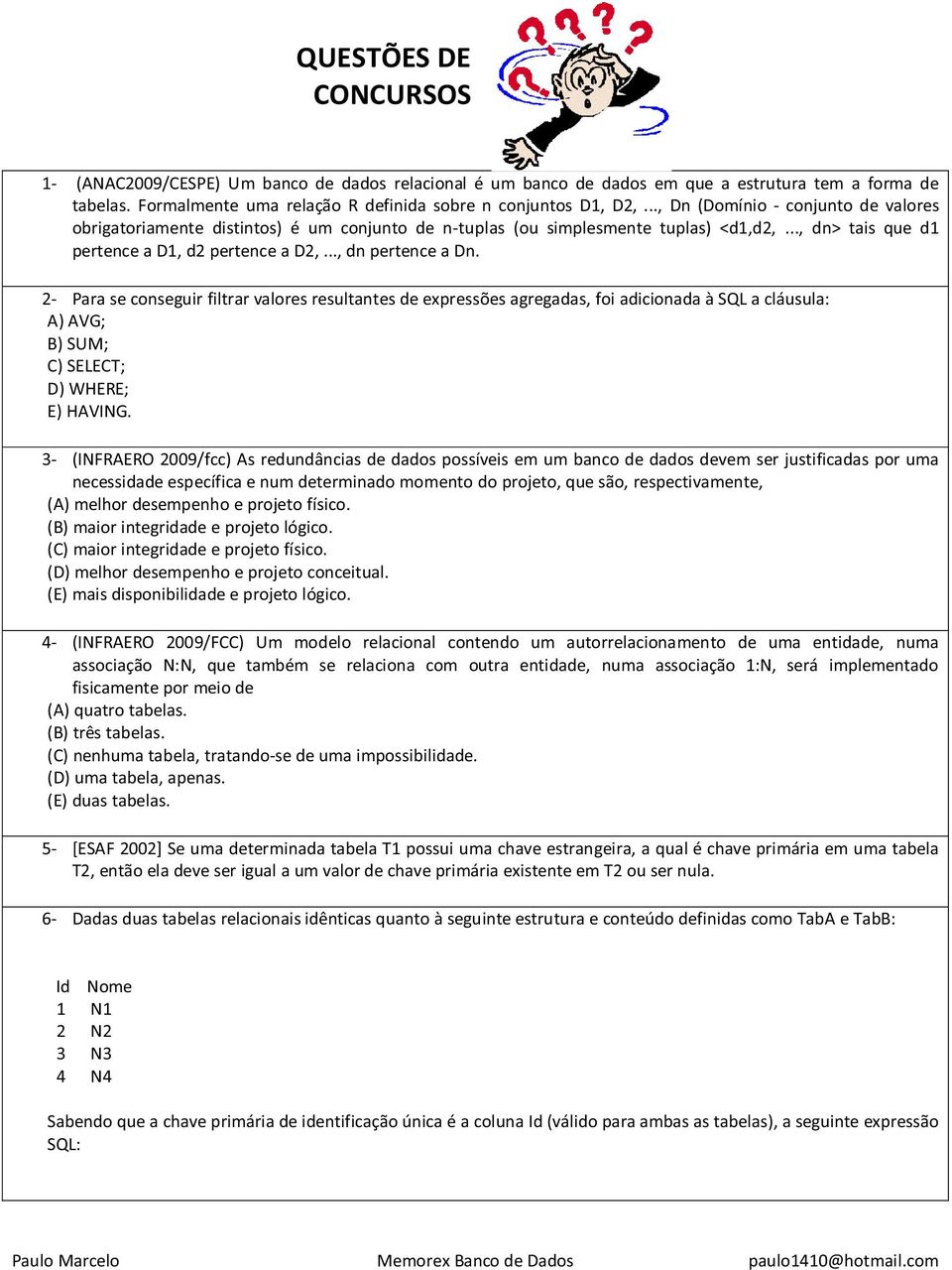 2- Para se conseguir filtrar valores resultantes de expressões agregadas, foi adicionada à SQL a cláusula: A) AVG; B) SUM; C) SELECT; D) WHERE; E) HAVING.