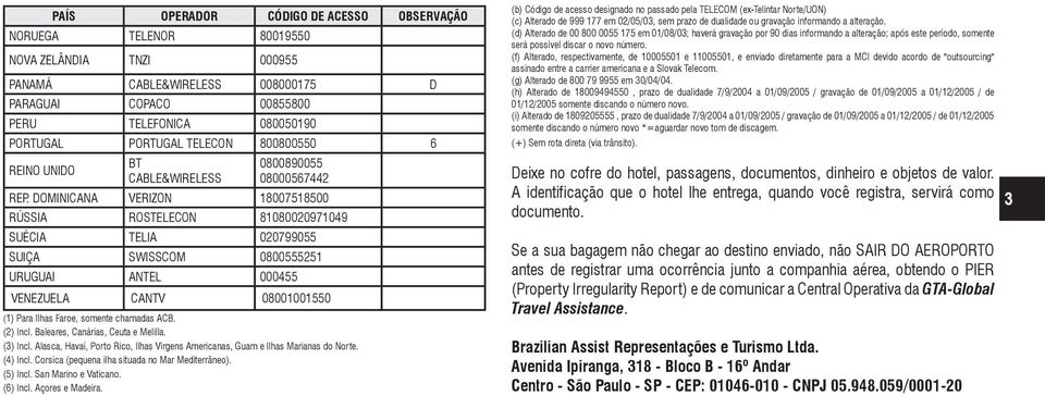 DOMINICANA VERIZON 18007518500 RÚSSIA ROSTELECON 81080020971049 SUÉCIA TELIA 020799055 SUIÇA SWISSCOM 0800555251 URUGUAI ANTEL 000455 VENEZUELA CANTV 08001001550 (1) Para Ilhas Faroe, somente