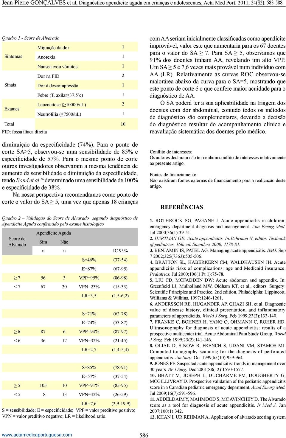 Para o ponto de corte SA 5, observou-se uma sensibilidade de 85% e especificidade de 57%.