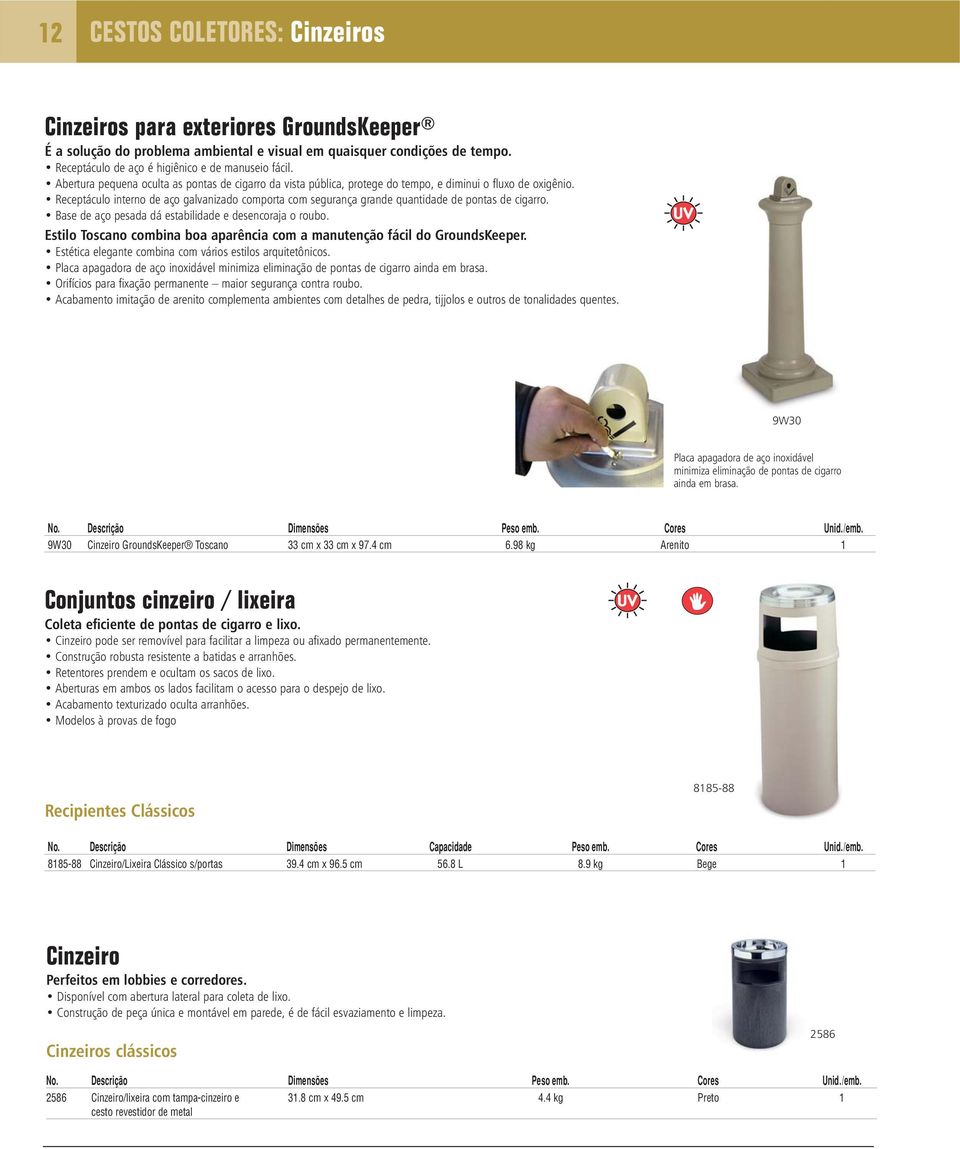 Receptáculo interno de aço galvanizado comporta com segurança grande quantidade de pontas de cigarro. Base de aço pesada dá estabilidade e desencoraja o roubo.