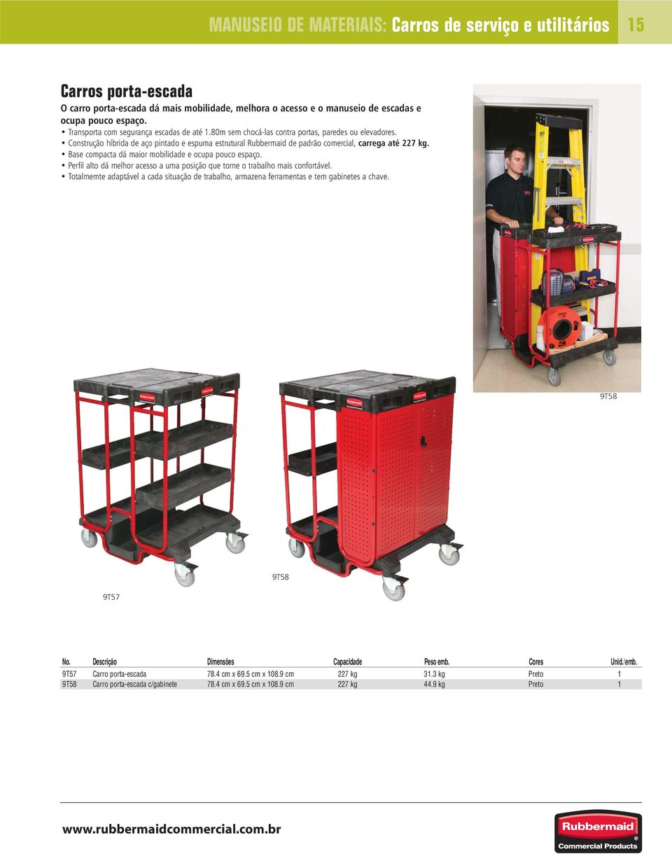 Construção híbrida de aço pintado e espuma estrutural Rubbermaid de padrão comercial, carrega até 227 kg. Base compacta dá maior mobilidade e ocupa pouco espaço.