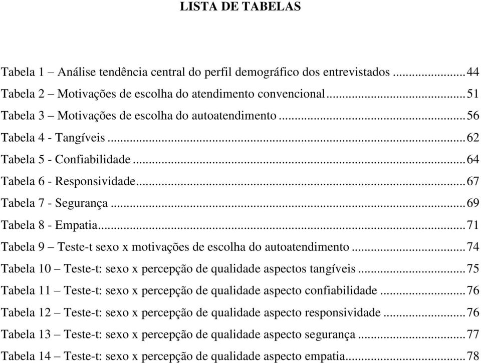 .. 71 Tabela 9 Teste-t sexo x motivações de escolha do autoatendimento... 74 Tabela 10 Teste-t: sexo x percepção de qualidade aspectos tangíveis.