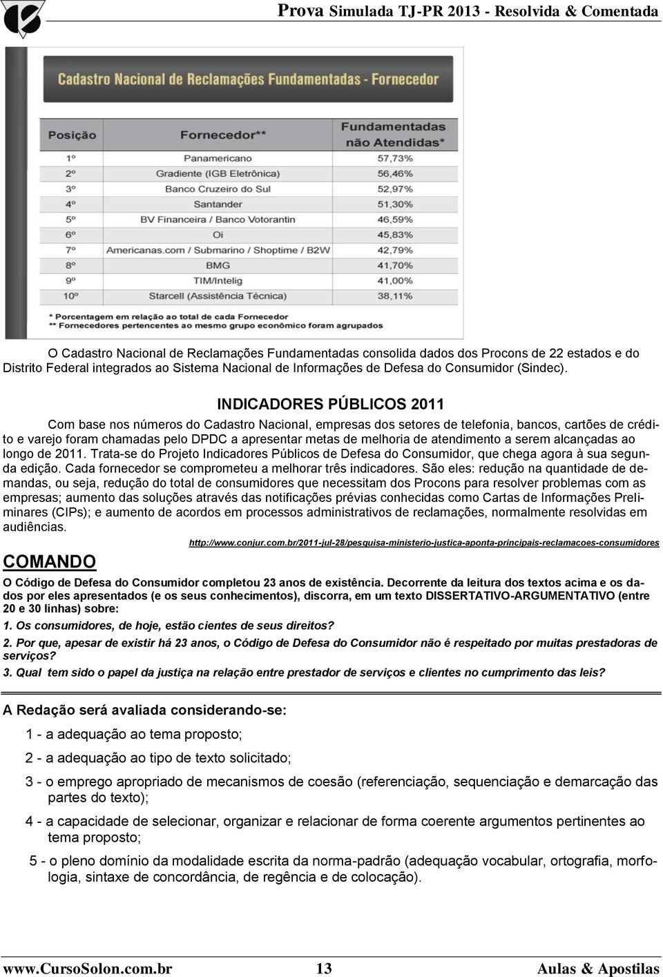 atendimento a serem alcançadas ao longo de 2011. Trata-se do Projeto Indicadores Públicos de Defesa do Consumidor, que chega agora à sua segunda edição.