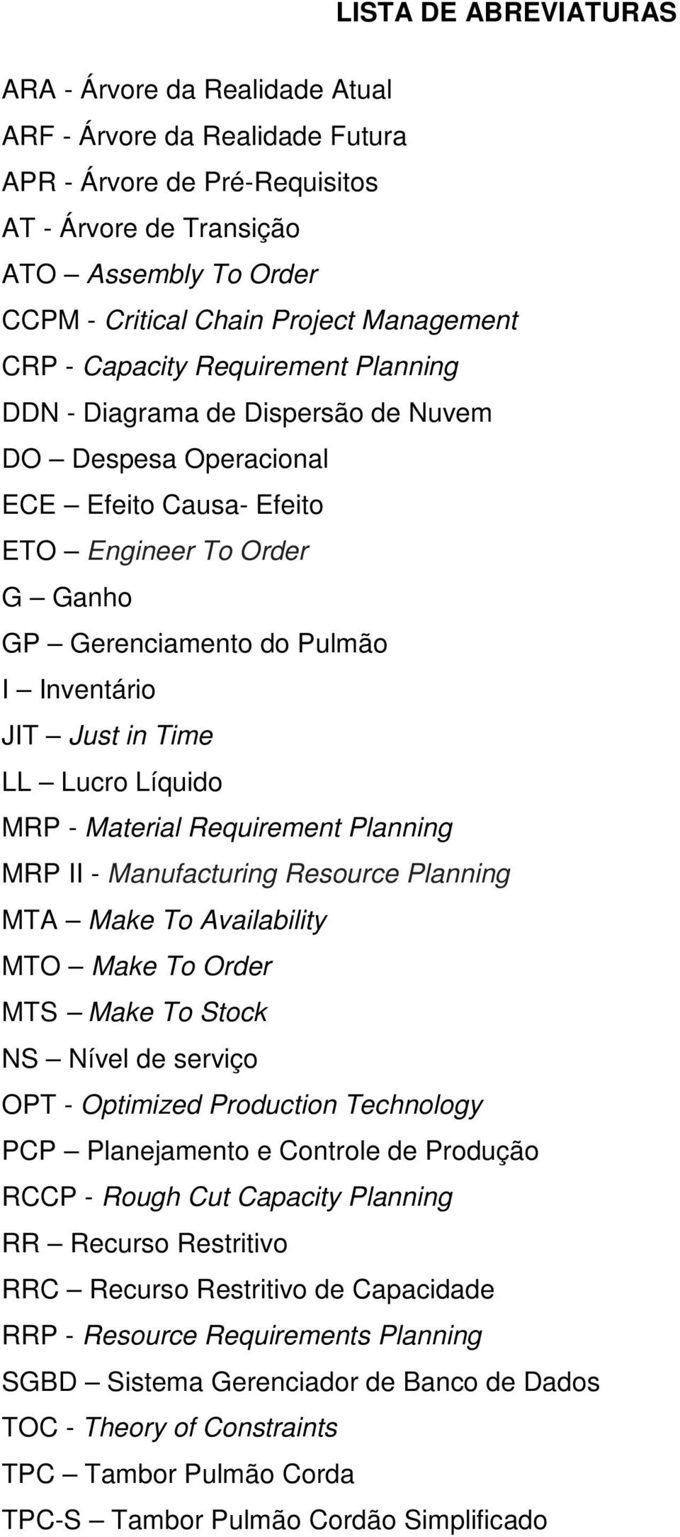 Inventário JIT Just in Time LL Lucro Líquido MRP - Material Requirement Planning MRP II - Manufacturing Resource Planning MTA Make To Availability MTO Make To Order MTS Make To Stock NS Nível de