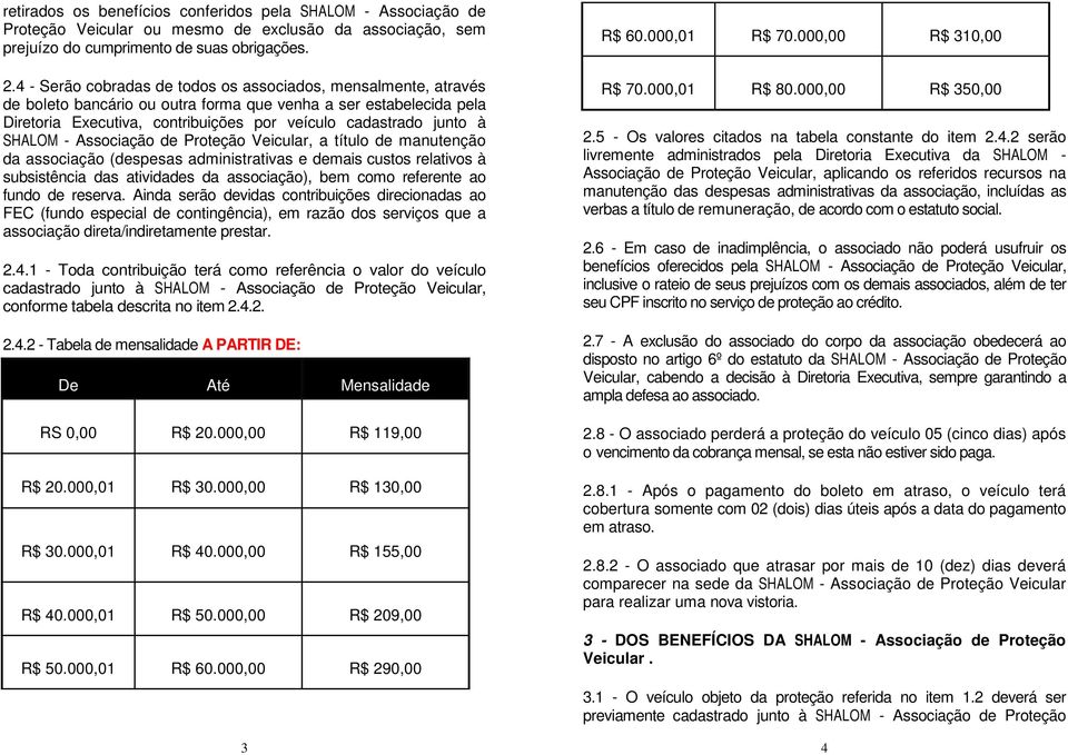 SHALOM - Associação de Proteção Veicular, a título de manutenção da associação (despesas administrativas e demais custos relativos à subsistência das atividades da associação), bem como referente ao