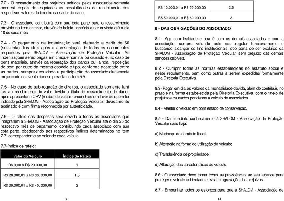 4 - O pagamento da indenização será efetuado a partir de 60 (sessenta) dias úteis após a apresentação de todos os documentos requeridos pela SHALOM - Associação de Proteção Veicular.