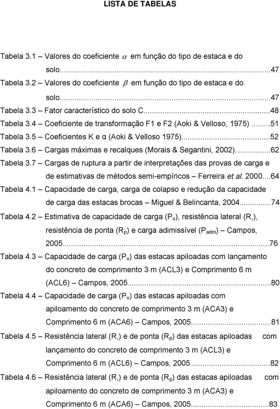 6 Cargas máximas e recalques (Morais & Segantini, 2002)...62 Tabela 3.7 Cargas de ruptura a partir de interpretações das provas de carga e de estimativas de métodos semi-empíricos Ferreira et al.