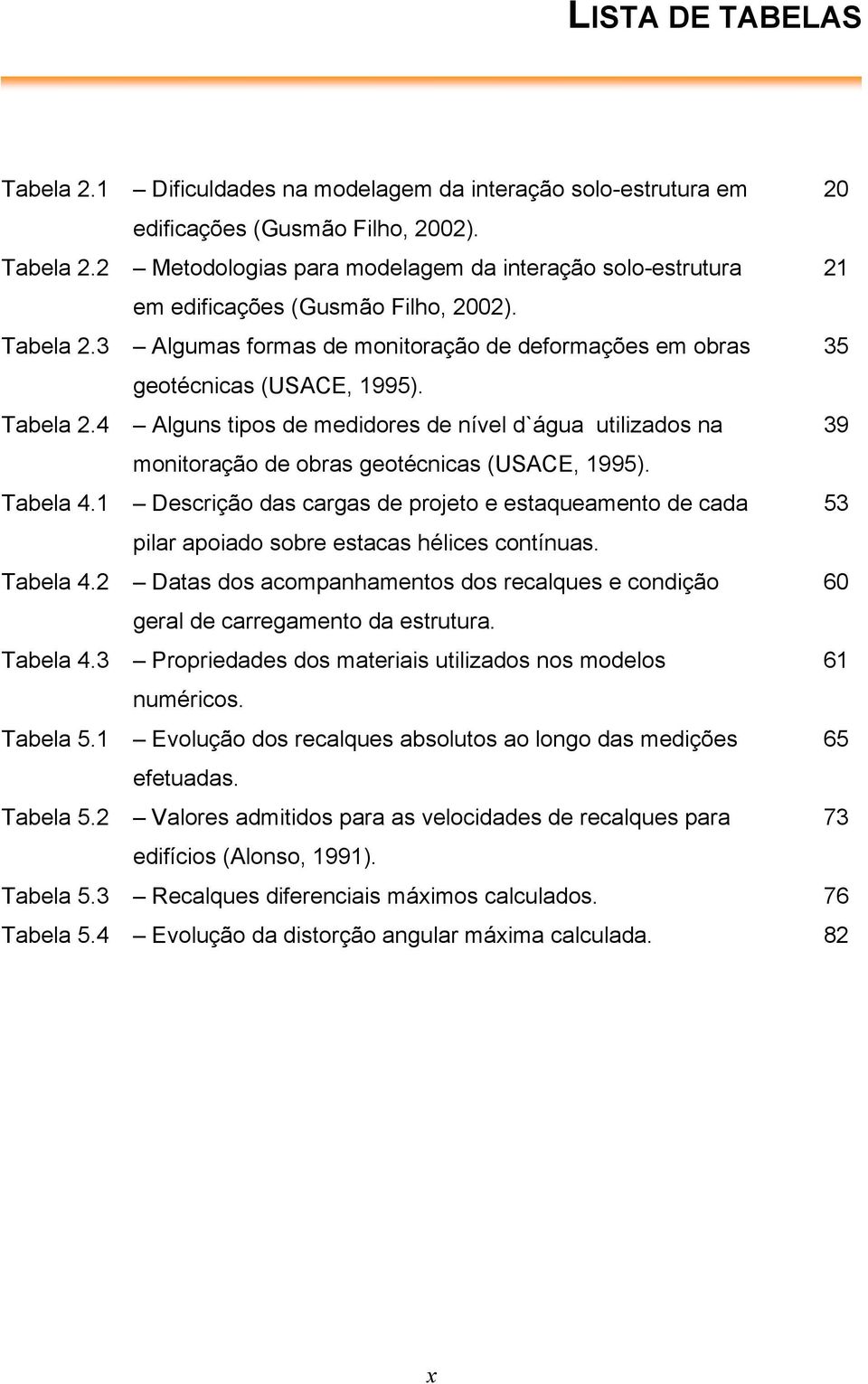 4 Alguns tipos de medidores de nível d`água utilizados na 39 monitoração de obras geotécnicas (USACE, 1995). Tabela 4.