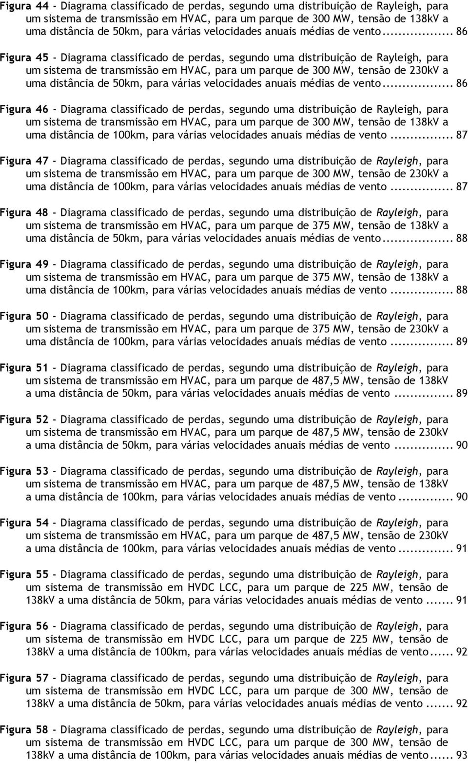 .. 86 Figura 45 - Diagrama classificado de perdas, segundo uma distribuição de Rayleigh, para um sistema de transmissão em HVAC, para um parque de 300 MW, tensão de 230kV a uma distância de 50km, para .