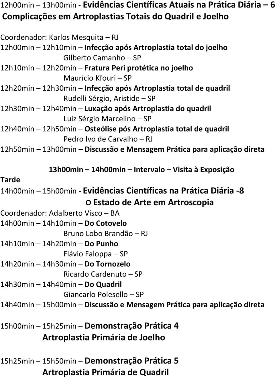 Aristide SP 12h30min 12h40min Luxação após Artroplastia do quadril Luiz Sérgio Marcelino SP 12h40min 12h50min Osteólise pós Artroplastia total de quadril Pedro Ivo de Carvalho RJ 12h50min 13h00min