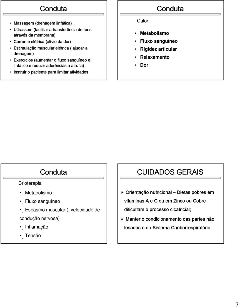 Rigidez articular Relaxamento Dor Conduta CUIDADOS GERAIS Crioterapia Metabolismo Fluxo sanguíneo Espasmo muscular ( velocidade de condução nervosa) Inflamação Tensão Orientação