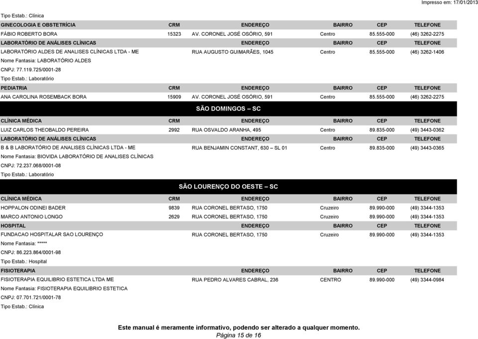 725/0001-28 PEDIATRIA CRM ENDEREÇO BAIRRO CEP TELEFONE ANA CAROLINA ROSEMBACK BORA 15909 AV. CORONEL JOSÉ OSÓRIO, 591 Centro 85.