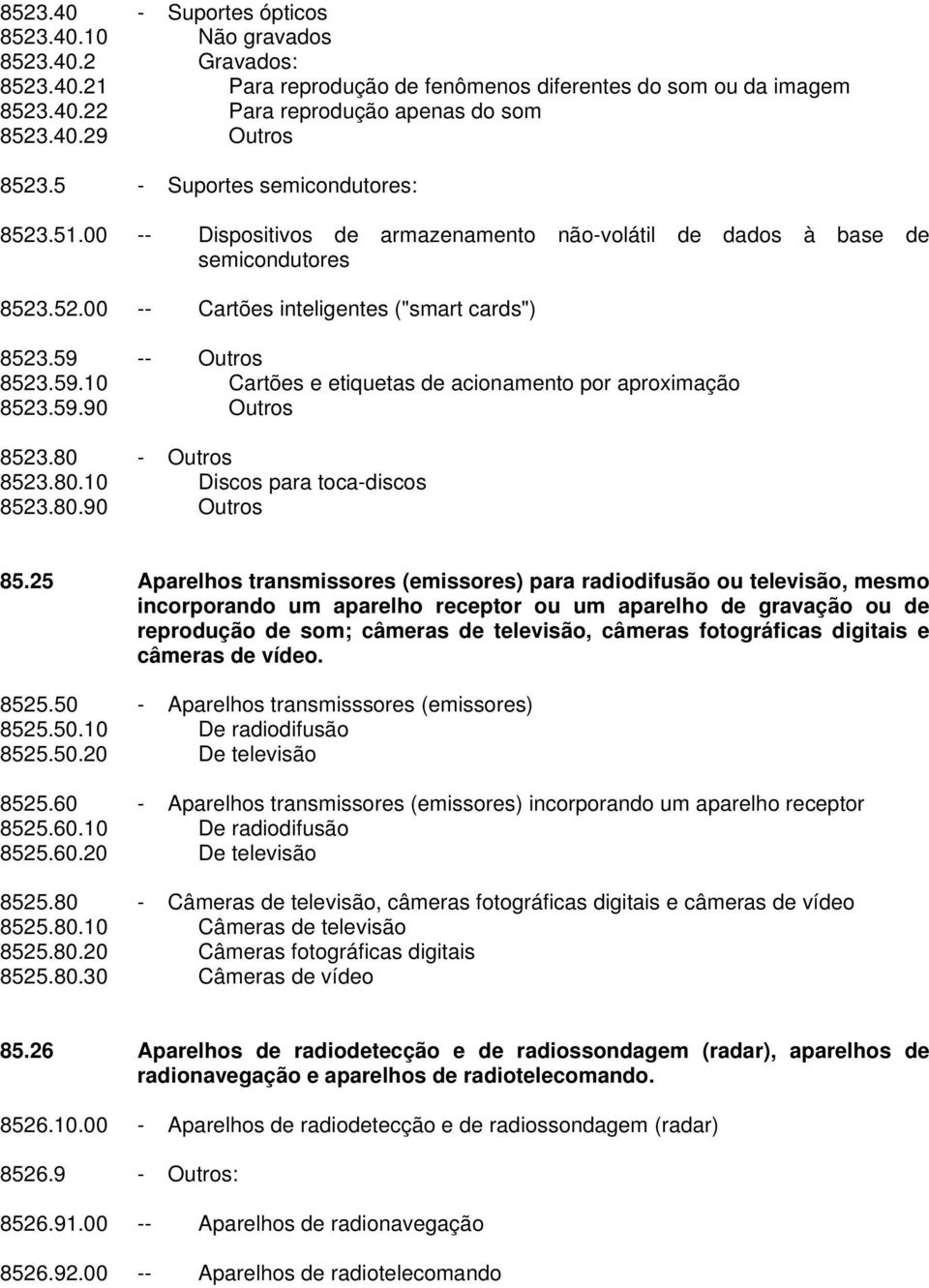 -- Outros 8523.59.10 Cartões e etiquetas de acionamento por aproximação 8523.59.90 Outros 852