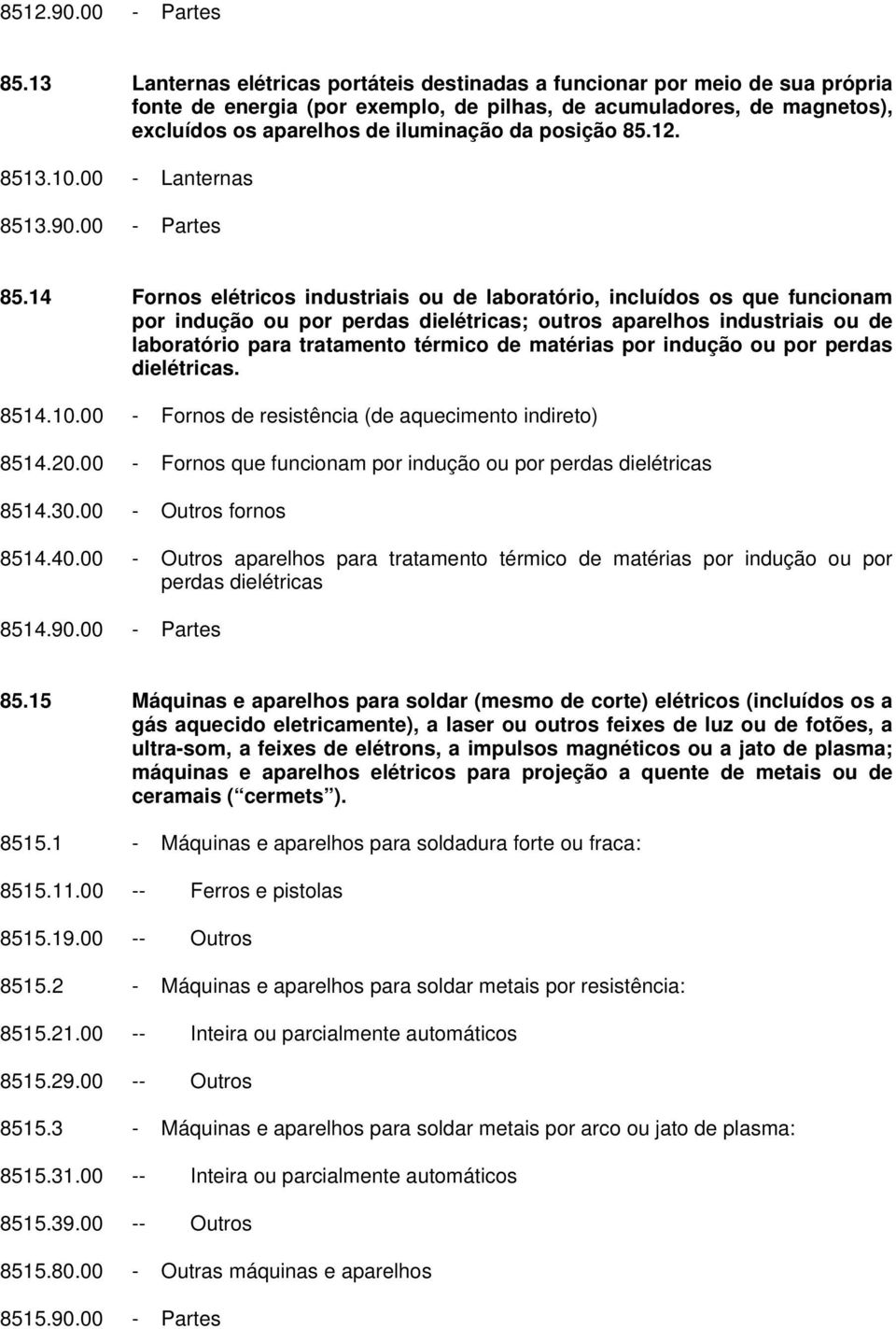 posição 85.12. 8513.10.00 - Lanternas 8513.90.00 - Partes 85.