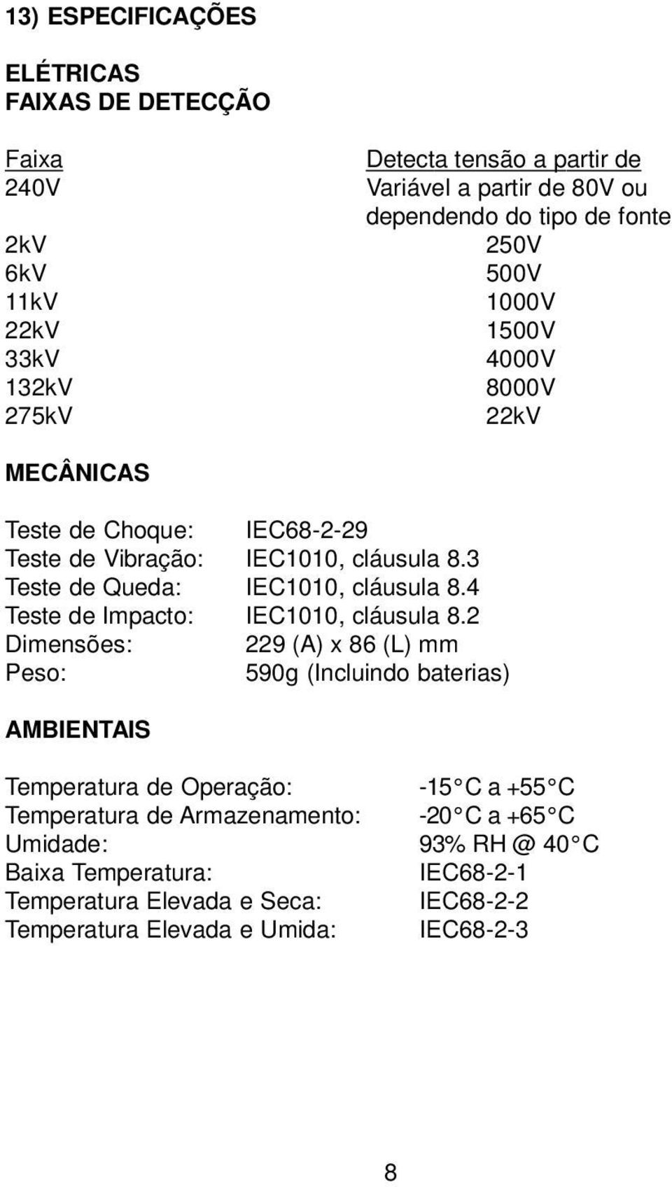 3 Teste de Queda: IEC1010, cláusula 8.4 Teste de Impacto: IEC1010, cláusula 8.