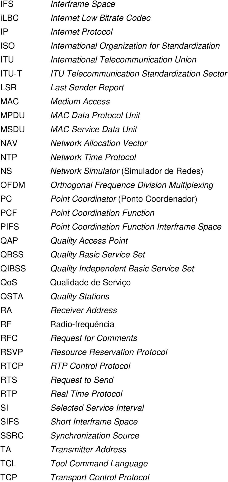 Unit MAC Service Data Unit Network Allocation Vector Network Time Protocol Network Simulator (Simulador de Redes) Orthogonal Frequence Division Multiplexing Point Coordinator (Ponto Coordenador)