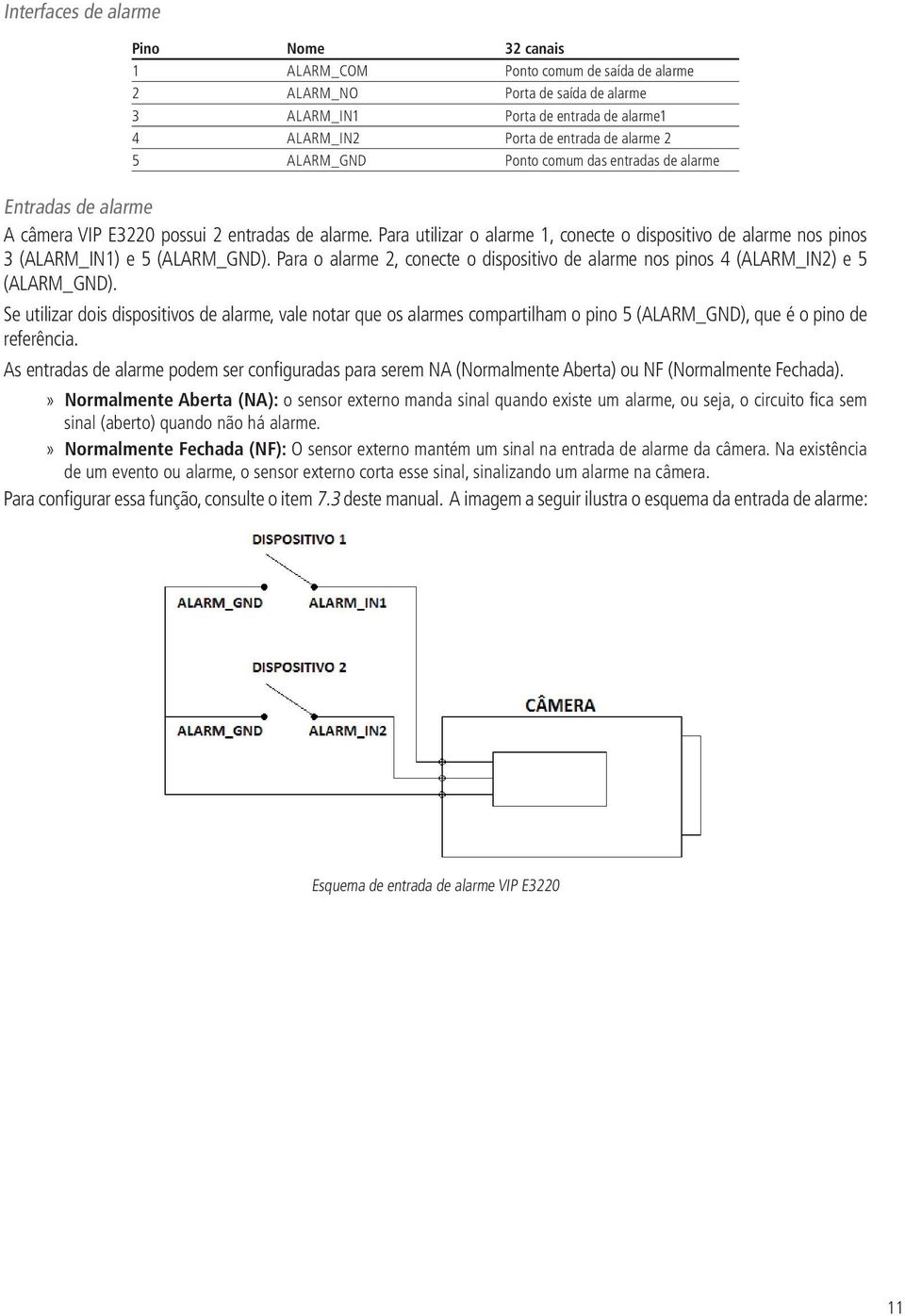 Para utilizar o alarme 1, conecte o dispositivo de alarme nos pinos 3 (ALARM_IN1) e 5 (ALARM_GND). Para o alarme 2, conecte o dispositivo de alarme nos pinos 4 (ALARM_IN2) e 5 (ALARM_GND).