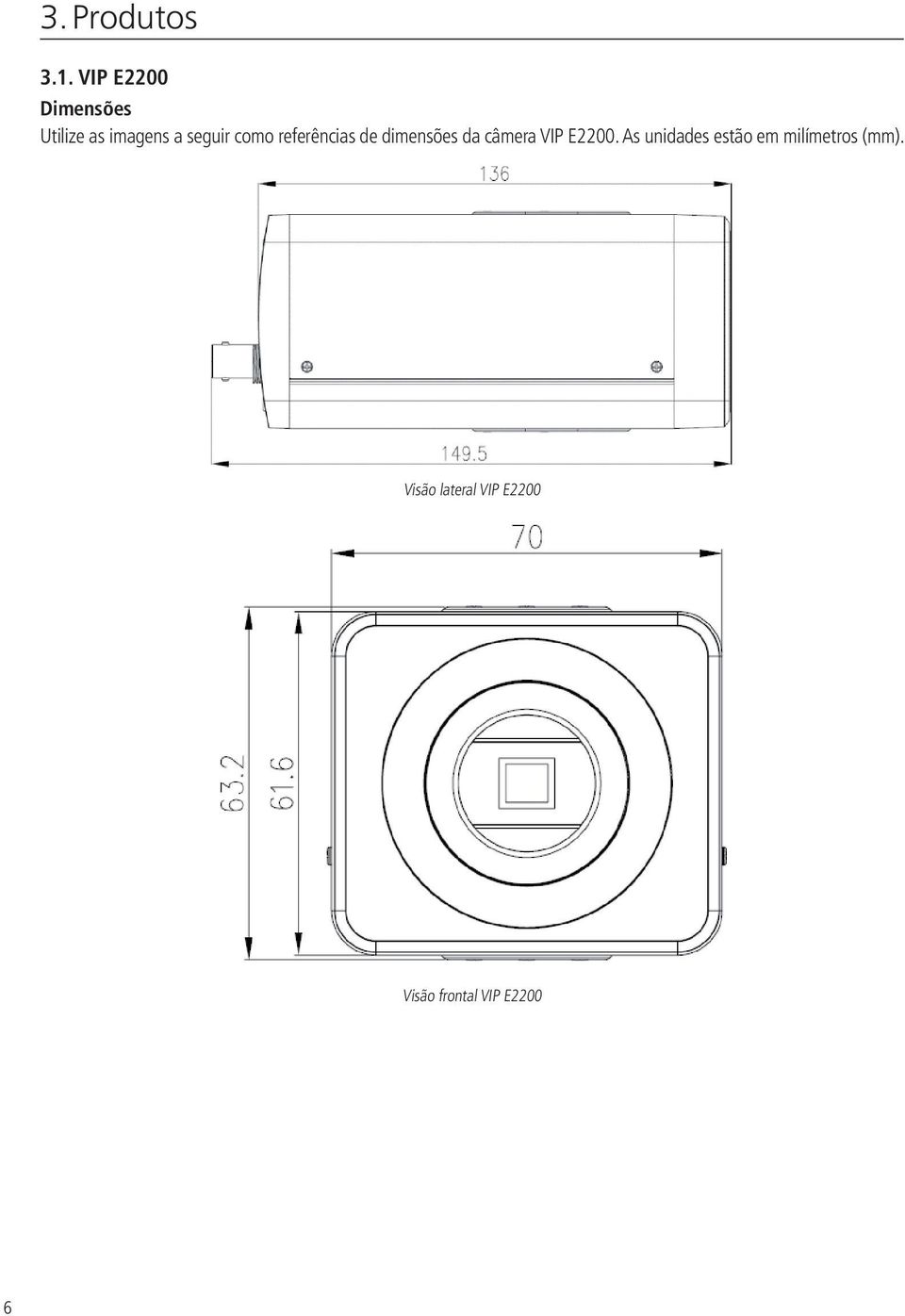 como referências de dimensões da câmera VIP E2200.