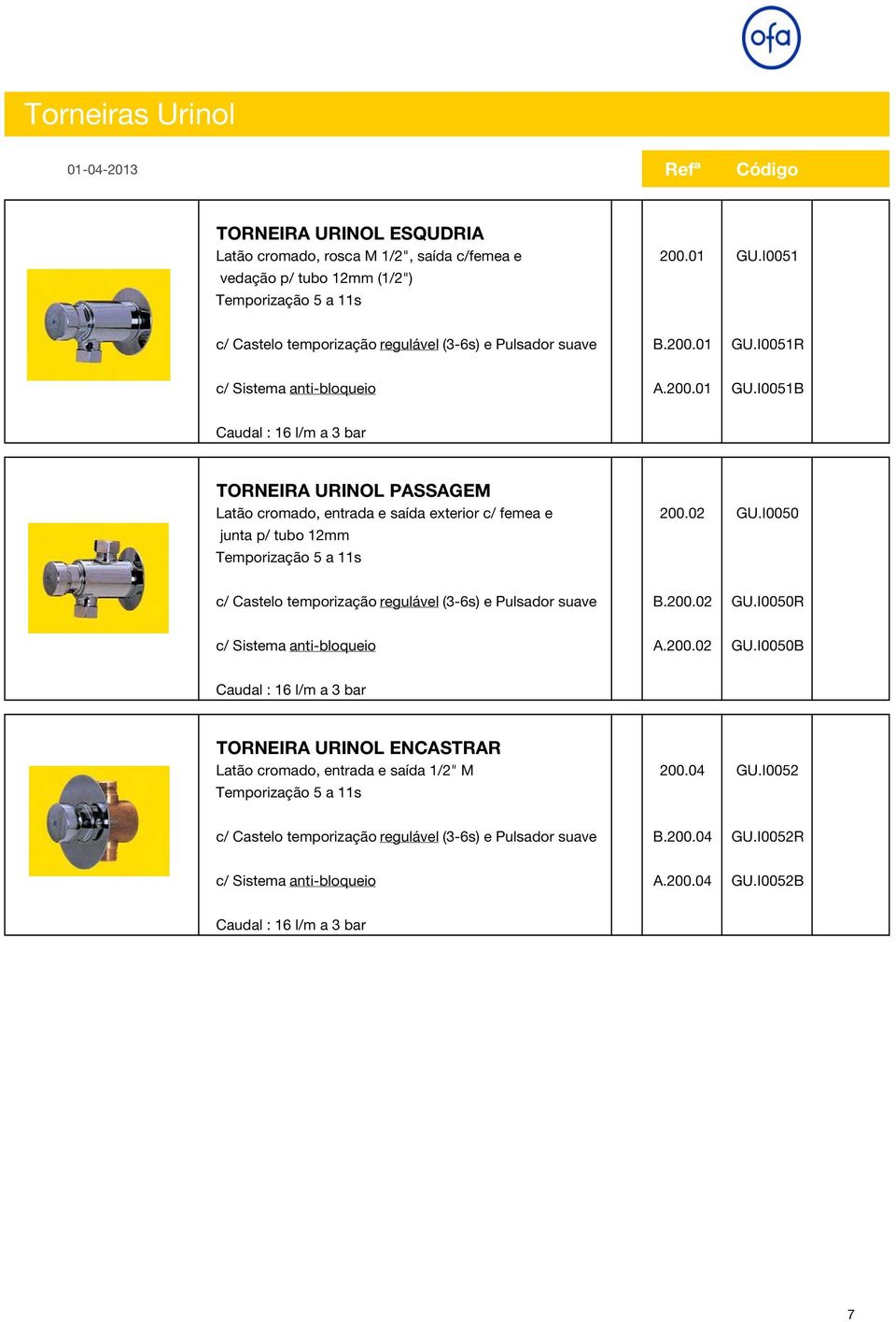 I0051R c/ Sistema anti-bloqueio A.200.01 GU.I0051B Caudal : 16 l/m a 3 bar TORNEIRA URINOL PASSAGEM Latão cromado, entrada e saída exterior c/ femea e 200.02 GU.