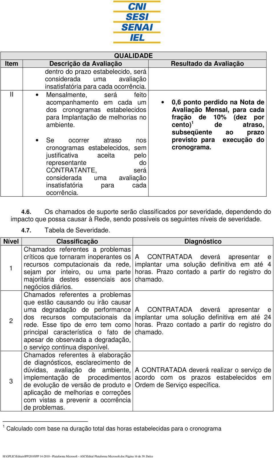 Se ocorrer atraso nos cronogramas estabelecidos, sem justificativa aceita pelo representante do CONTRATANTE, será considerada uma avaliação insatisfatória para cada ocorrência.