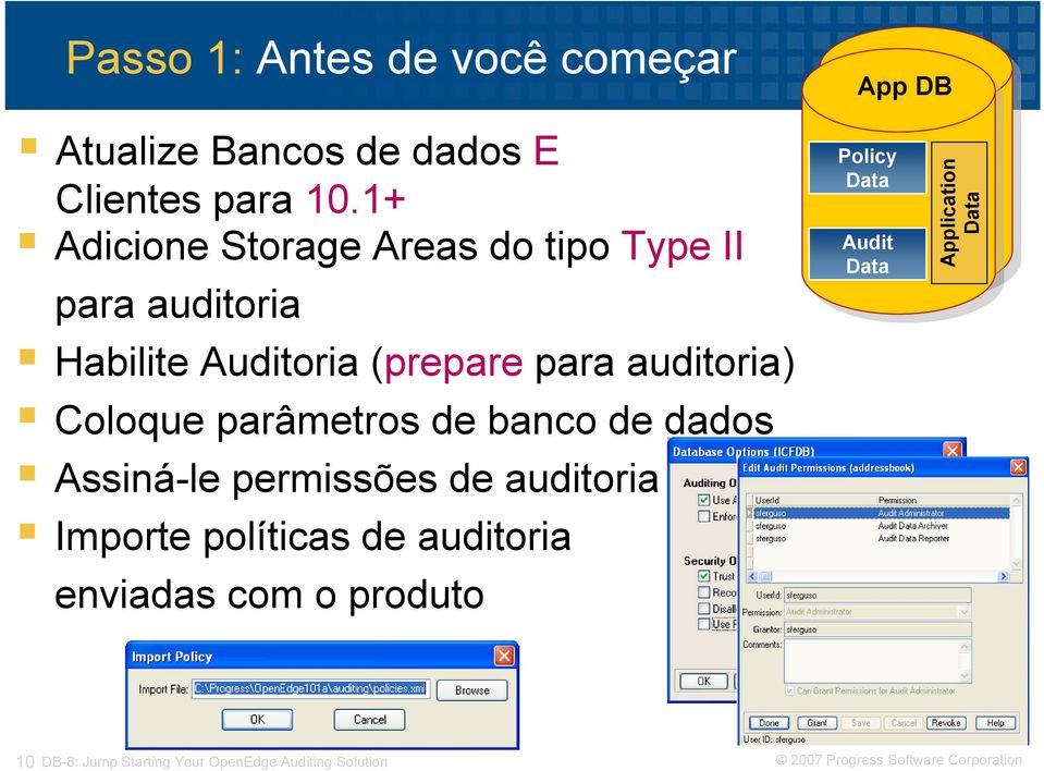 Coloque parâmetros de banco de dados Assiná-le permissões de auditoria Importe políticas de