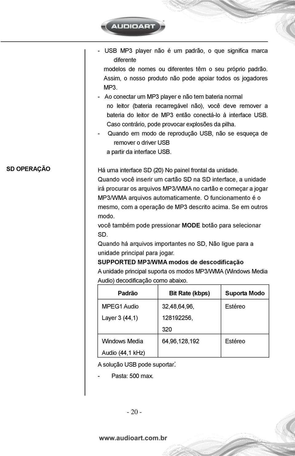 Caso contrário, pode provocar explosões da pilha. - Quando em modo de reprodução USB, não se esqueça de remover o driver USB a partir da interface USB.