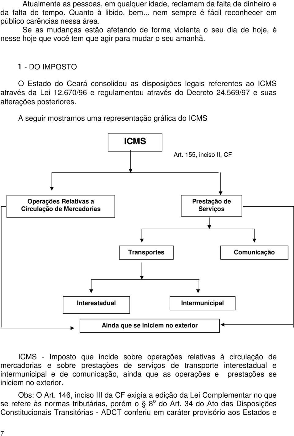 11 - DO IMPOSTO O Estado do Ceará consolidou as disposições legais referentes ao ICMS através da Lei 12.670/96 e regulamentou através do Decreto 24.569/97 e suas alterações posteriores.