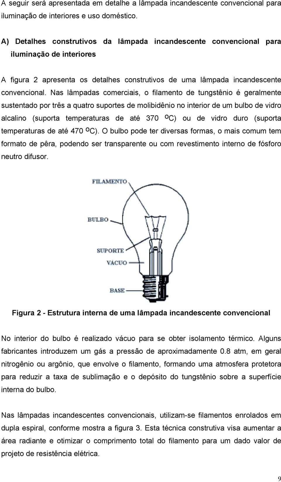 Nas lâmpadas comerciais, o filamento de tungstênio é geralmente sustentado por três a quatro suportes de molibidênio no interior de um bulbo de vidro alcalino (suporta temperaturas de até 370 o C) ou