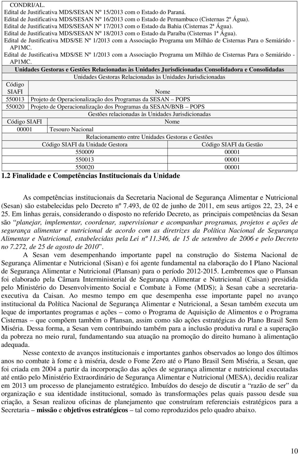 Edital de Justificativa MDS/SE Nº 1/2013 com a Associação Programa um Milhão de Cisternas Para o Semiárido - AP1MC.