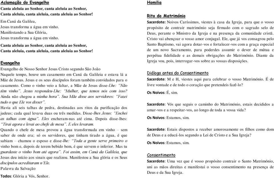 Evangelho Evangelho de Nosso Senhor Jesus Cristo segundo São João Naquele tempo, houve um casamento em Caná da Galileia e estava lá a Mãe de Jesus.