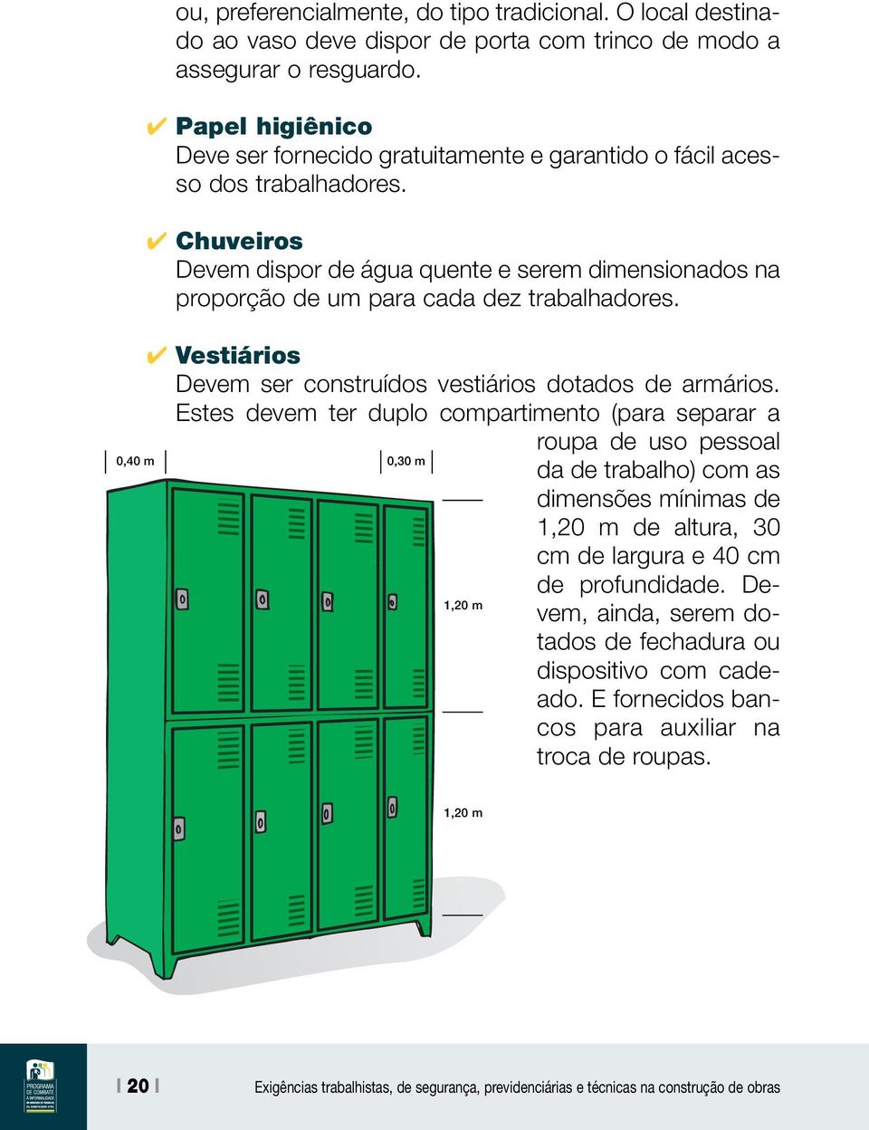 Chuveiros Devem dispor de água quente e serem dimensionados na proporção de um para cada dez trabalhadores. Vestiários Devem ser construídos vestiários dotados de armários.