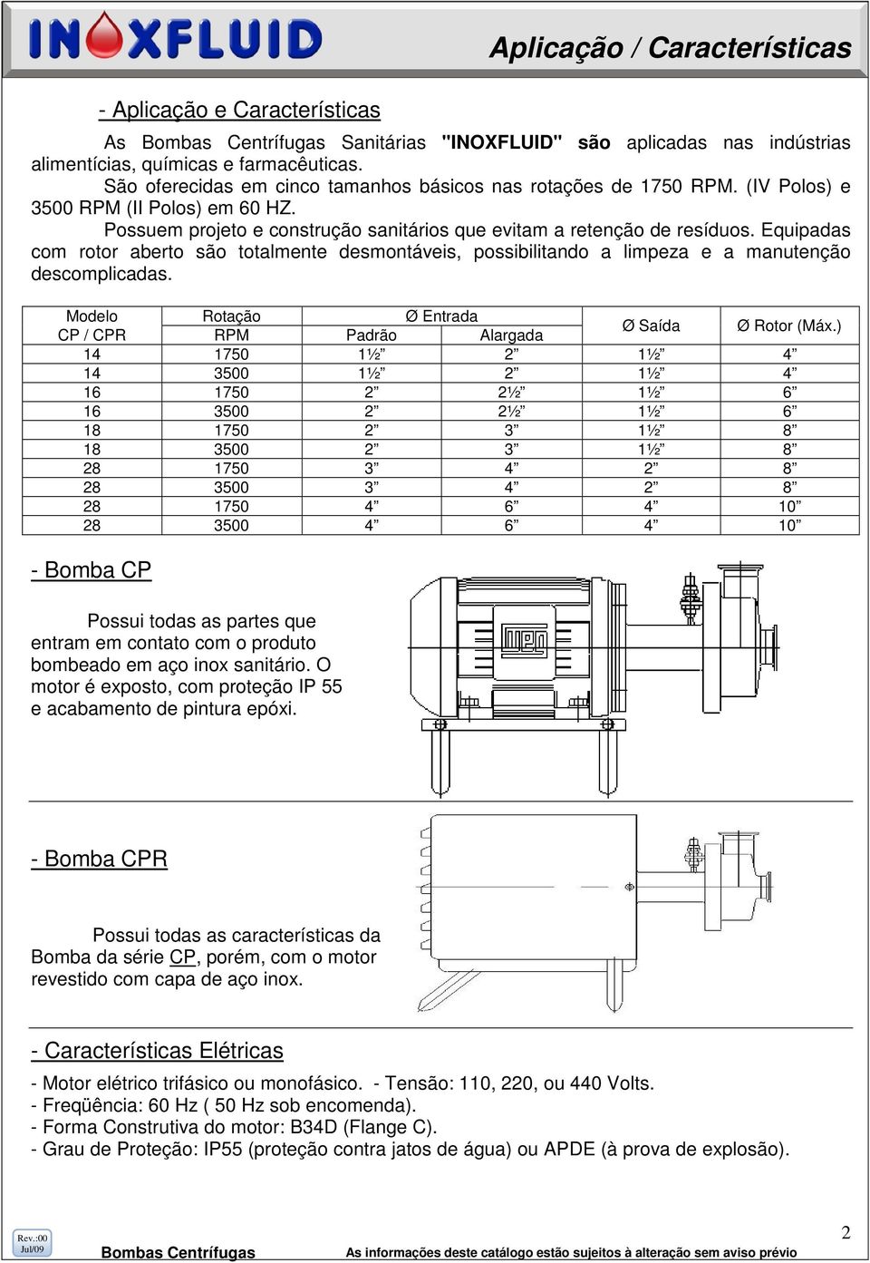 Equipadas com rotor aberto são totalmente desmontáveis, possibilitando a limpeza e a manutenção descomplicadas. Modelo Rotação Ø Entrada CP / CPR RPM Padrão Alargada Ø Saída Ø Rotor (Máx.