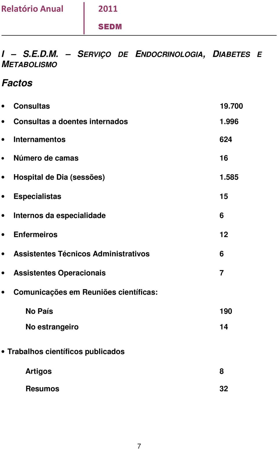 585 Especialistas 15 Internos da especialidade 6 Enfermeiros 12 Assistentes Técnicos Administrativos 6