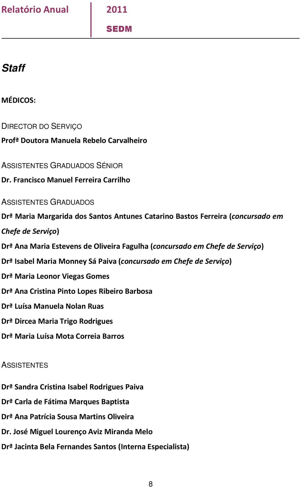 (concursado em Chefe de Serviço) Drª Isabel Maria Monney Sá Paiva (concursado em Chefe de Serviço) Drª Maria Leonor Viegas Gomes Drª Ana Cristina Pinto Lopes Ribeiro Barbosa Drª Luísa Manuela Nolan