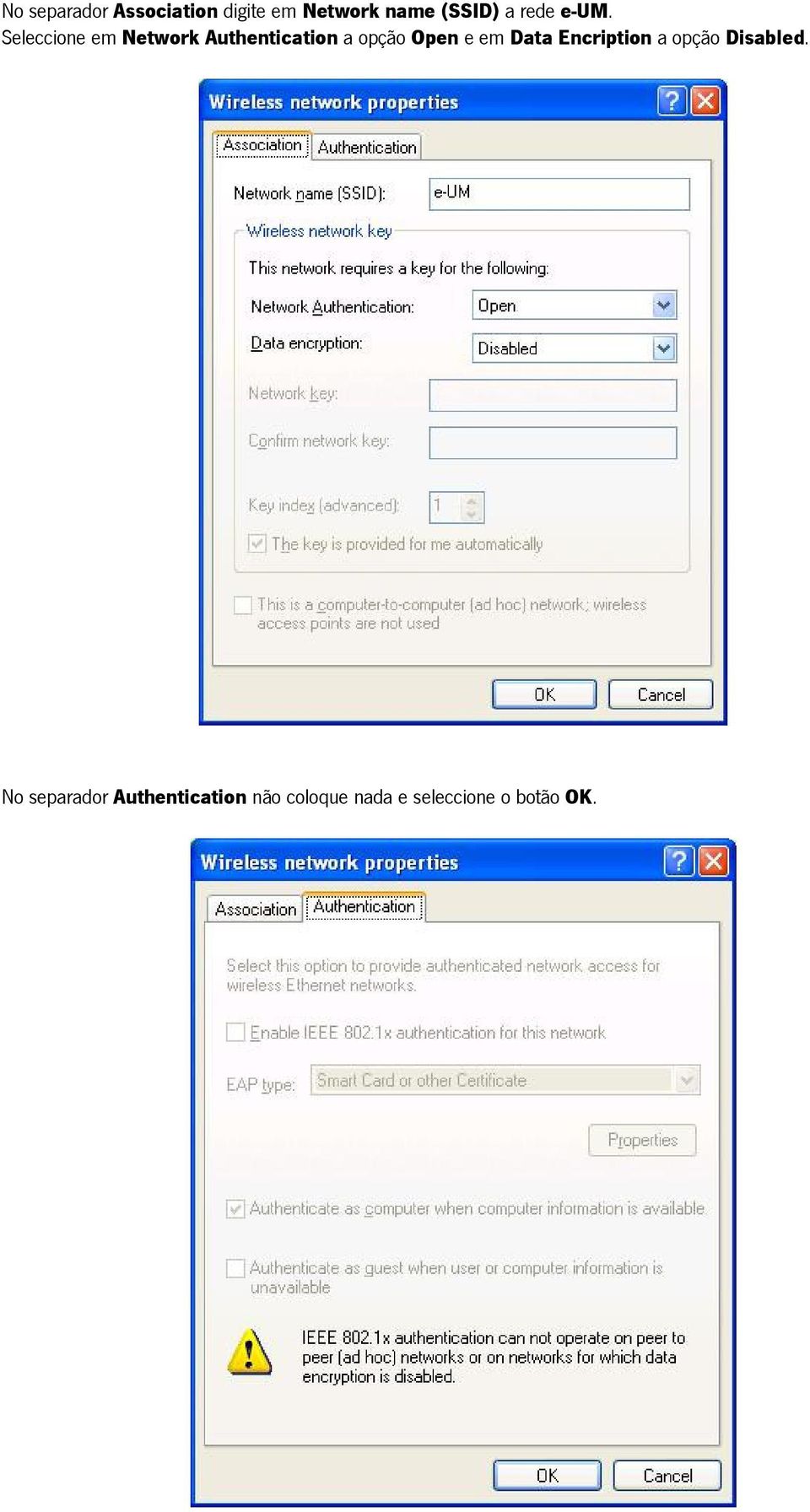 Seleccione em Network Authentication a opção Open e em