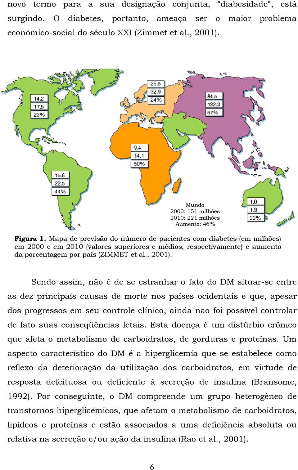 Mapa de previsão do número de pacientes com diabetes (em milhões) em 2000 e em 2010 (valores superiores e médios, respectivamente) e aumento da porcentagem por país (ZIMMET et al., 2001).