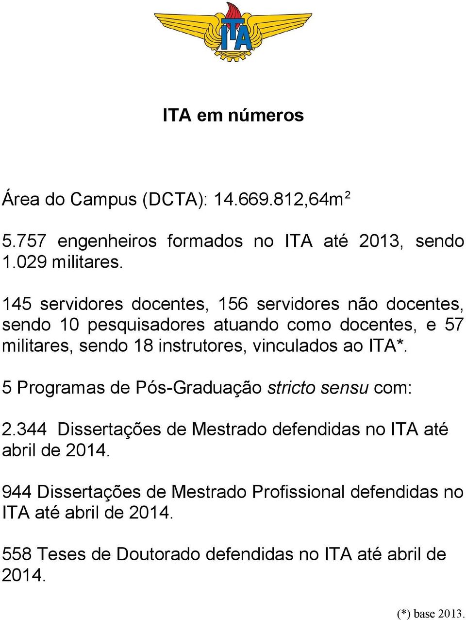 vinculados ao ITA*. 5 Programas de Pós-Graduação stricto sensu com: 2.344 Dissertações de Mestrado defendidas no ITA até abril de 2014.