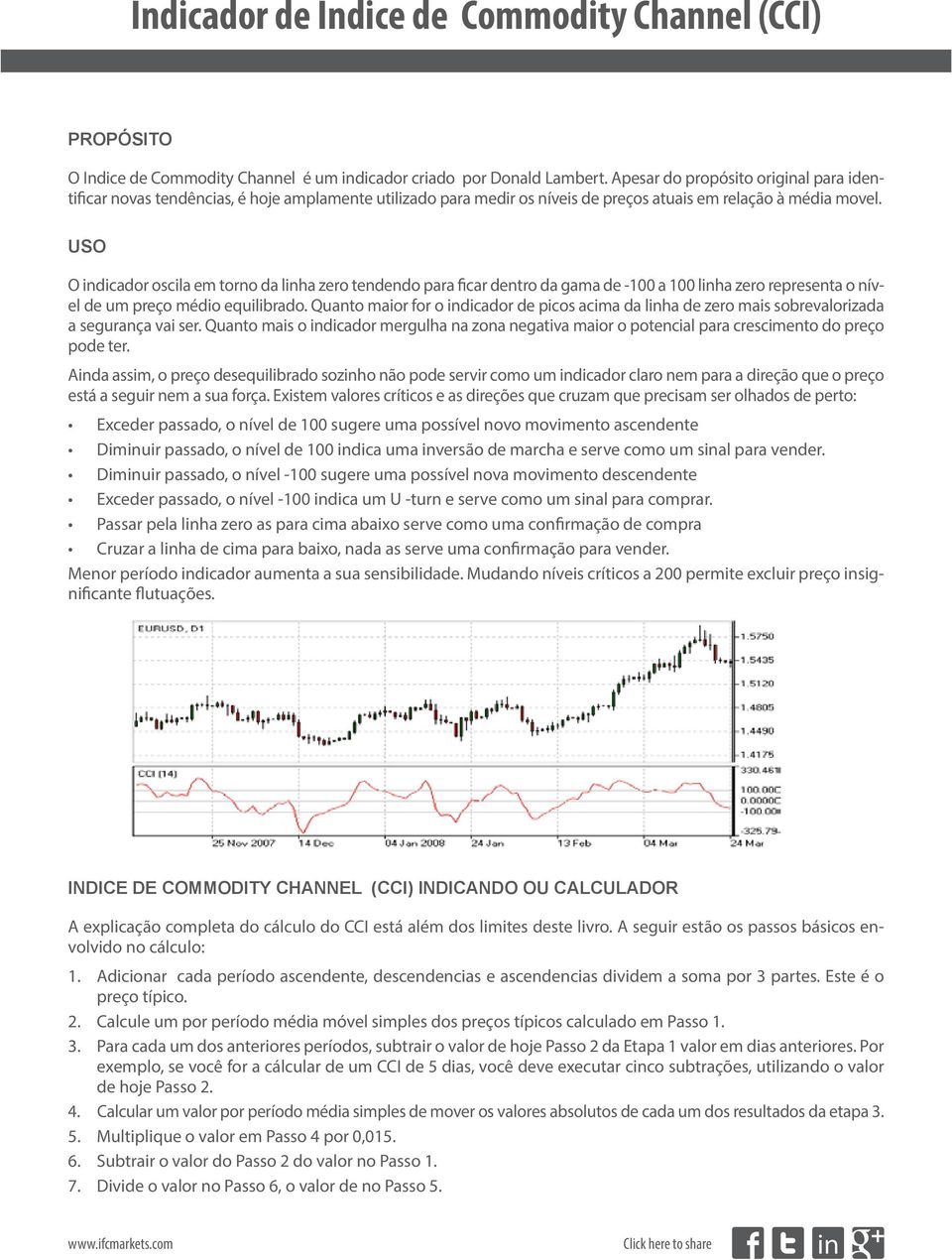 O indicador oscila em torno da linha zero tendendo para ficar dentro da gama de -100 a 100 linha zero representa o nível de um preço médio equilibrado.