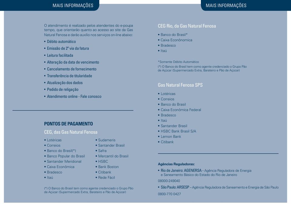 religação Atendimento online - Fale conosco PONTOS DE PAGAMENTO CEG, das Gas Natural Fenosa Lotéricas Correios Banco do Brasil(*) Banco Popular do Brasil Santander Meridional Caixa Econômica Bradesco