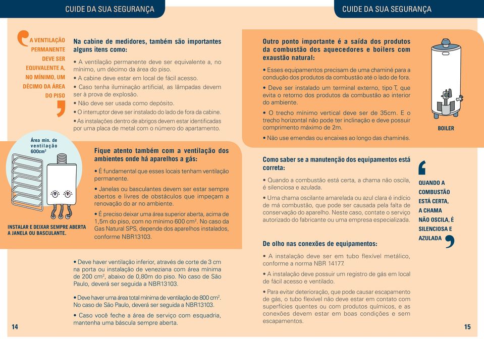 Na cabine de medidores, também são importantes alguns itens como: A ventilação permanente deve ser equivalente a, no mínimo, um décimo da área do piso. A cabine deve estar em local de fácil acesso.