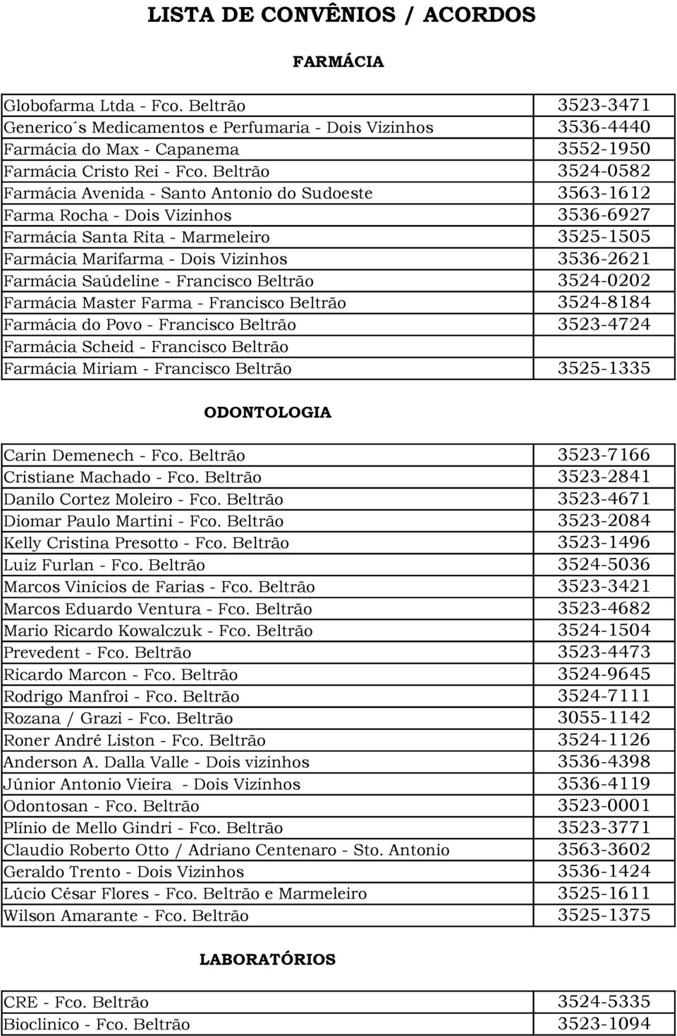 Beltrão 3524-0582 Farmácia Avenida - Santo Antonio do Sudoeste 3563-1612 Farma Rocha - Dois Vizinhos 3536-6927 Farmácia Santa Rita - Marmeleiro 3525-1505 Farmácia Marifarma - Dois Vizinhos 3536-2621