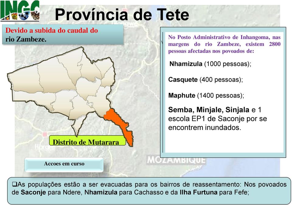 pessoas); Casquete (400 pessoas); Maphute (1400 pessoas); Semba, Minjale, Sinjala e 1 escola EP1 de Saconje por se encontrem